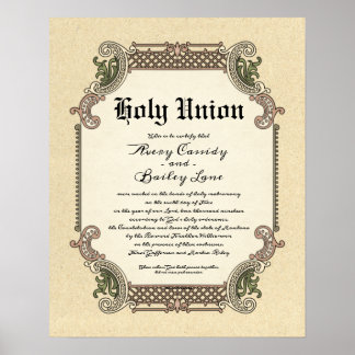 Heliga Union Trellis Bröllop Certificate Poster