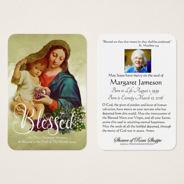 Heligan Besökt Junggin Mary Catholique Funeral Mem Visitkort (Framsida & baksida)
