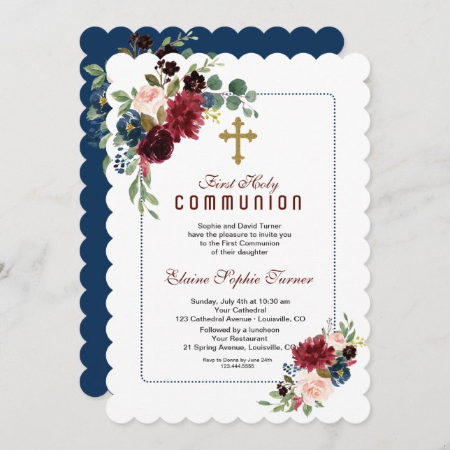 Heligan Burgundy Navy Blue Blommigt Ram Inbjudningar (Fram/baksida)