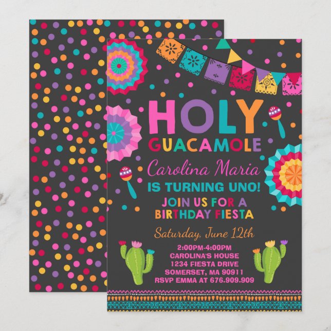 Heligan Guacamole Party för inbjudan till födelsed (Fram/baksida)