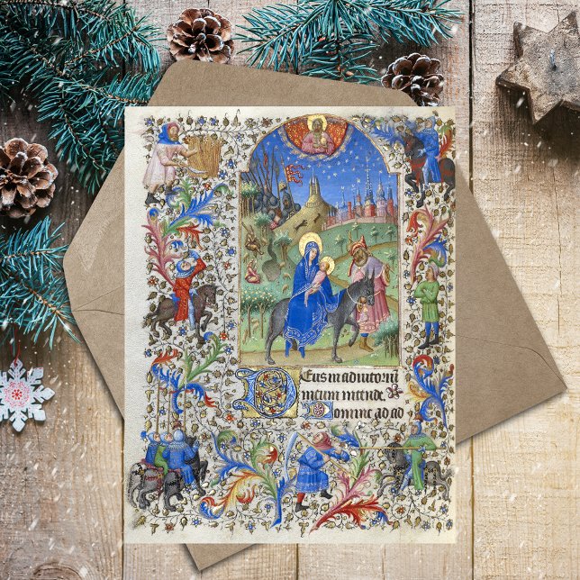 Heligans familjeflyg in i Egyptenens  Juldag Medie Vykort (Holy Family Flight into Egypt Christmas Nativity Medieval Catholic Christmas Postcard)