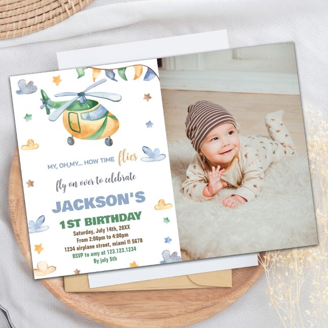 Helikopterdagsinbjudan Gult Grått Photo Photo Inbjudningar (Helicopter Birthday Invitations Yellow Gray Photo)