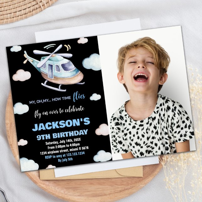 Helikopterdagsinbjudningar Grått Black w Photo Inbjudningar (Helicopter Birthday Invitations Gray Black w Photo)