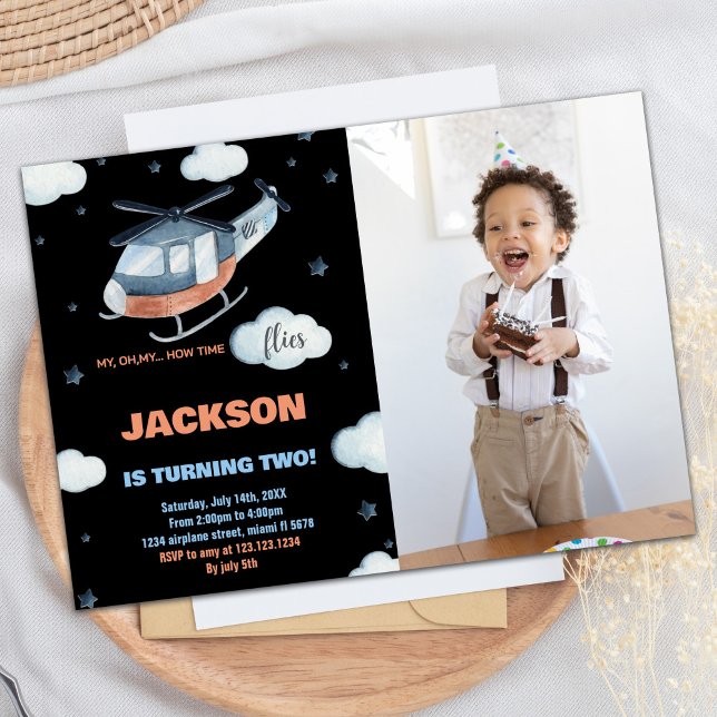 Helikopterdagsinbjudningar, svart BK med foton Inbjudningar (Helicopter Birthday Invitations Black BK w photo)