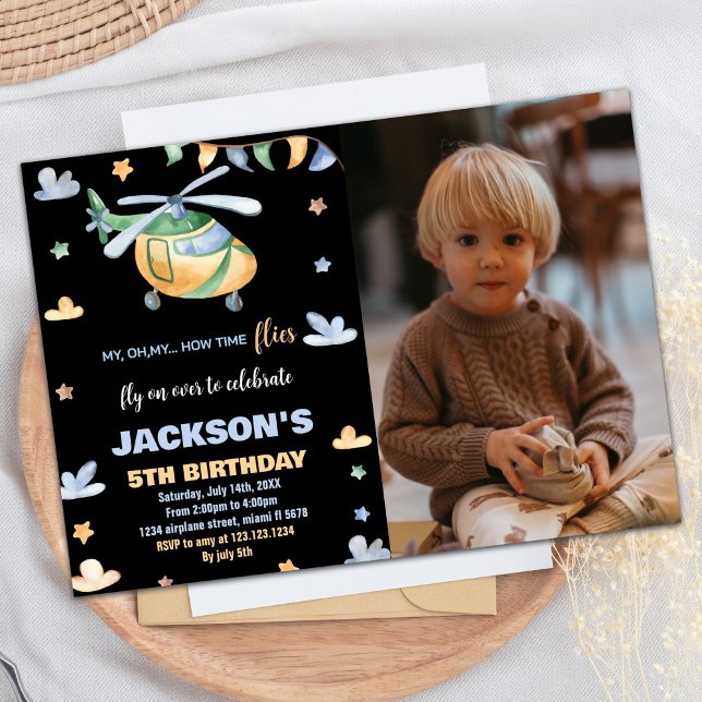 Helikopterdagsinbjudningar, svart med foto inbjudningar (Helicopter Birthday Invitations Black with Photo)