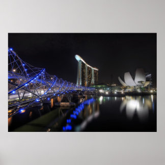Helix Bridge Singapore River på Natten Poster