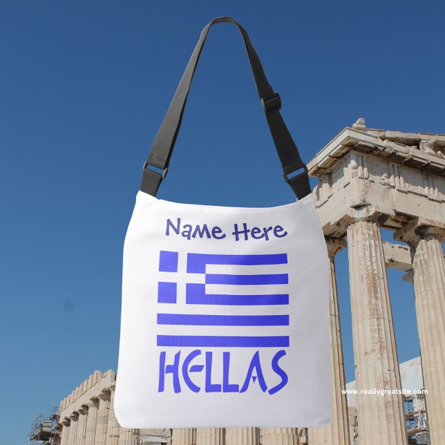 Hellas grekisk flagga blå personalisering  axelväska (Personalized crossbody bag has Greek flag and word HELLAS below in blue letters. Add a name above.)