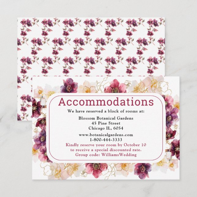 Hellebore Floral Burgundy Wedding Accommodations Tilläggskort (Fram/baksida)