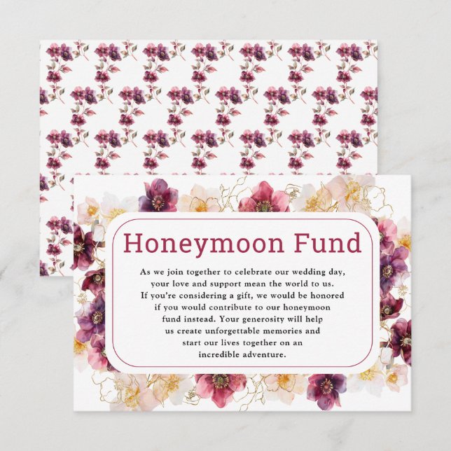 Hellebore Floral Burgundy Wedding Honeymoon Fund Tilläggskort (Fram/baksida)