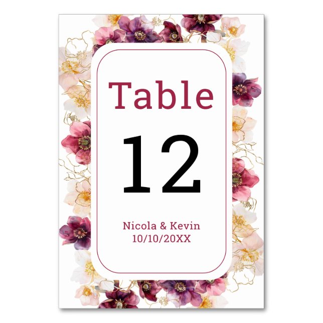 Hellebore Floral Burgundy Wedding Table Number Bordsnummer (Framsidan)
