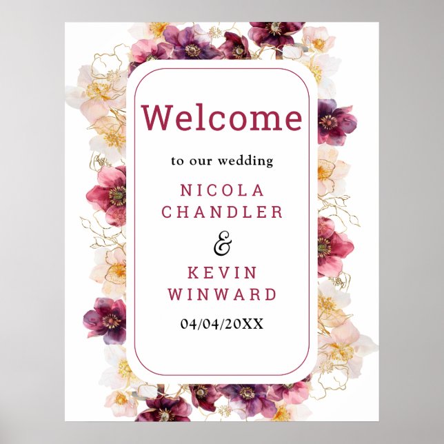Hellebore Floral Burgundy Wedding Welcome Sign Poster (Framsidan)