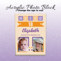 Hello 18 (any age) name est date orange purple