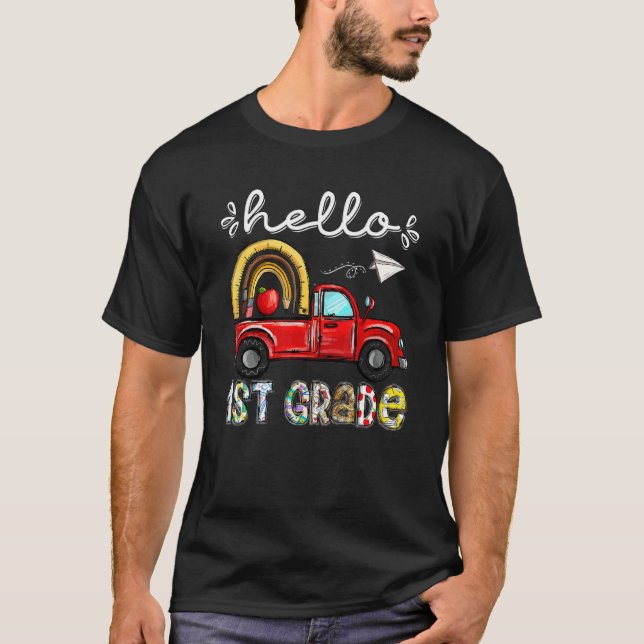 Hello 1st Grade Truck Rainbow Teacher Student Back T Shirt (Framsida)