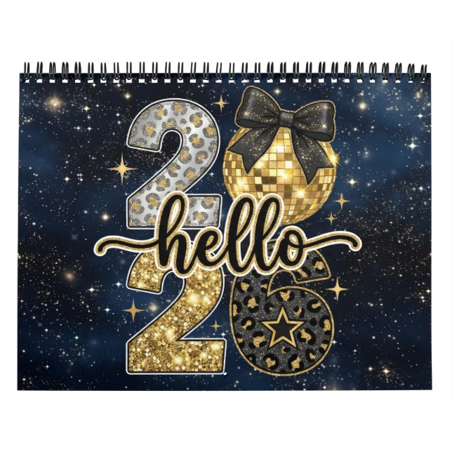 Hello 2026 Gold Glitter Chic Galaxy Calendar Kalender (Omslag)