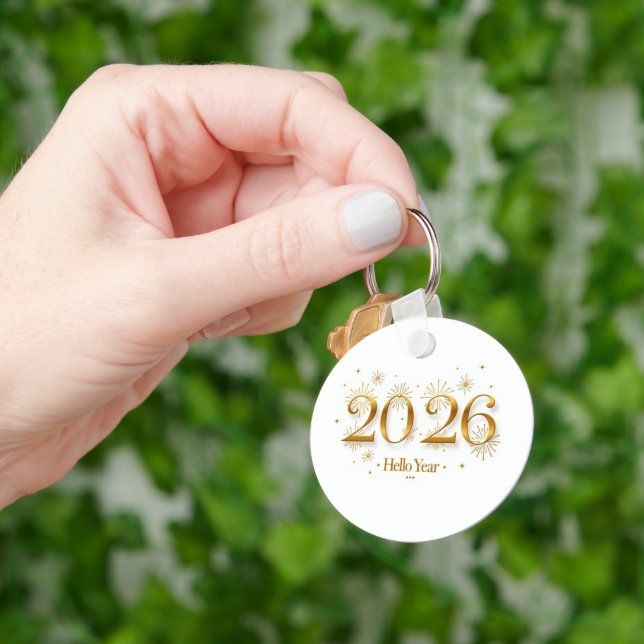 Hello 2026 Keychain – Elegant Gold New Year Charm Nyckelring (Hand)