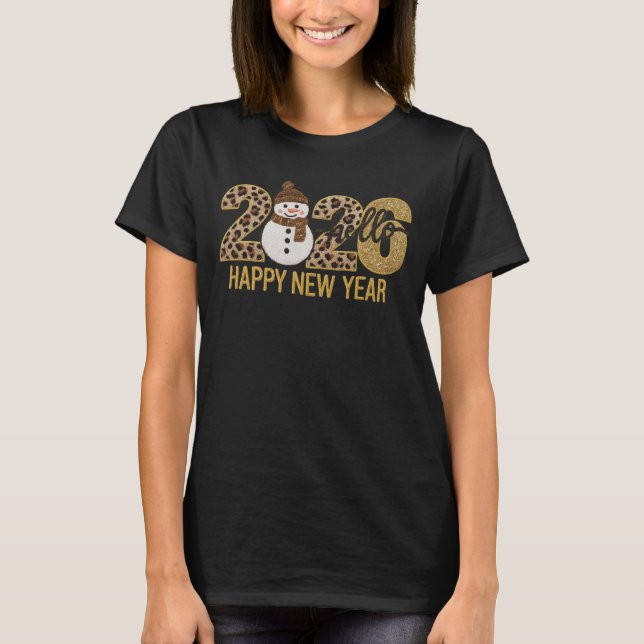 Hello 2026 Leopard Glitter Snowman New Year Tee (Framsida)