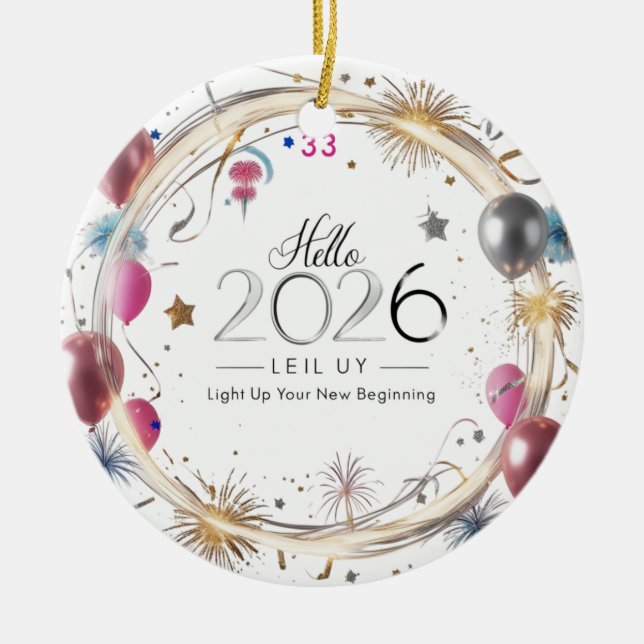 Hello 2026 Metallic Balloons Circle  Julgransprydnad Keramik (Framsidan)