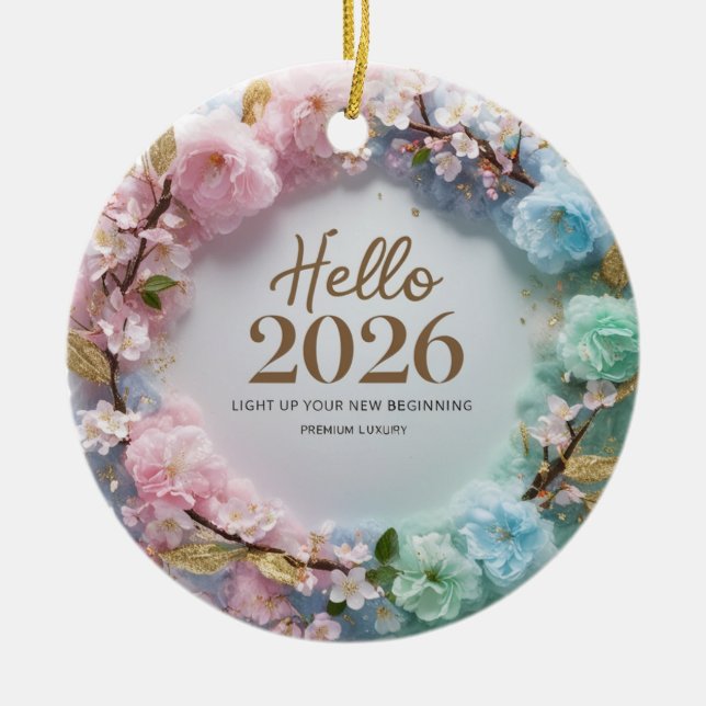 Hello 2026 Pastel Floral Wreath Ceramic Ornament (Framsidan)