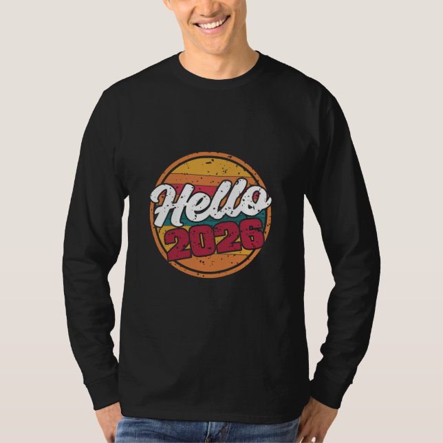 Hello 2026 Retro Sunset T-Shirt (Framsida)