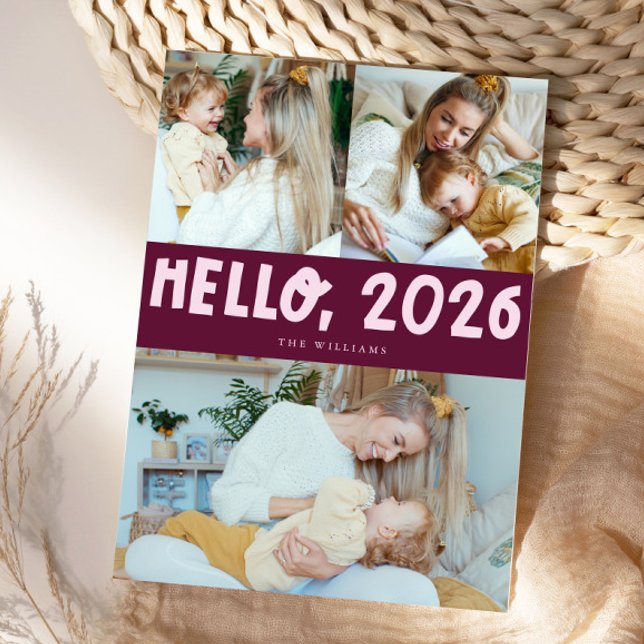 Hello 2026 Typography Cranberry Photo Julkort (Skapare uppladdad)