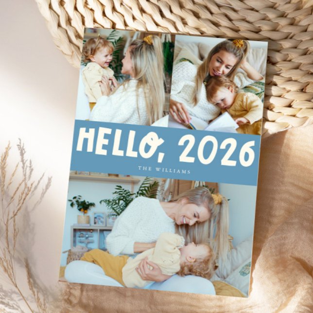 Hello 2026 Typography Denim Blue Photo Julkort (Skapare uppladdad)