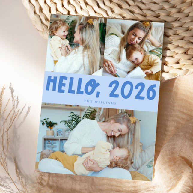 Hello 2026 Typography Icy Blue Photo Julkort (Skapare uppladdad)