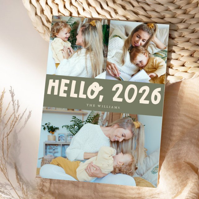 Hello 2026 Typography Sage Green Photo Julkort (Skapare uppladdad)
