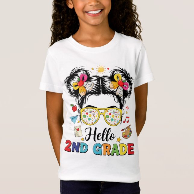 Hello 2nd Grade Messy Bun Coquette Bow Teacher T Shirt (Framsida)