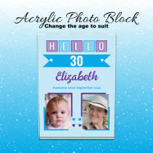 Hello 30 (any age) name est date blue purple