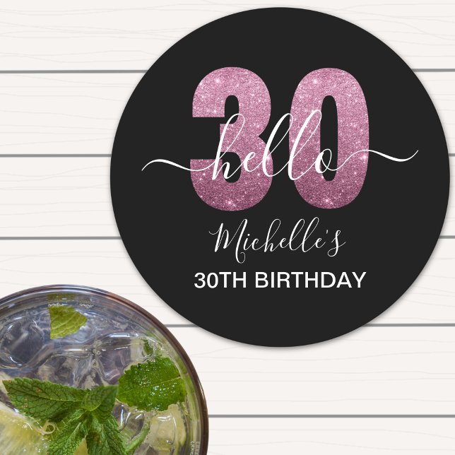 Hello 30! Fun 30th birthday Pink glitter Underlägg Papper Rund (Skapare uppladdad)