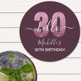 Hello 30! Fun 30th birthday Pink glitter Underlägg Papper Rund