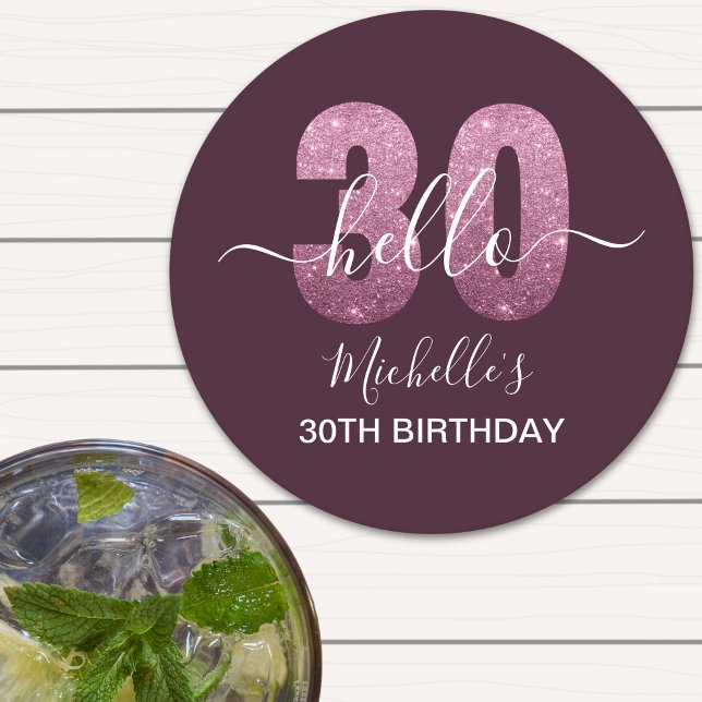 Hello 30! Fun 30th birthday Pink glitter Underlägg Papper Rund (Skapare uppladdad)