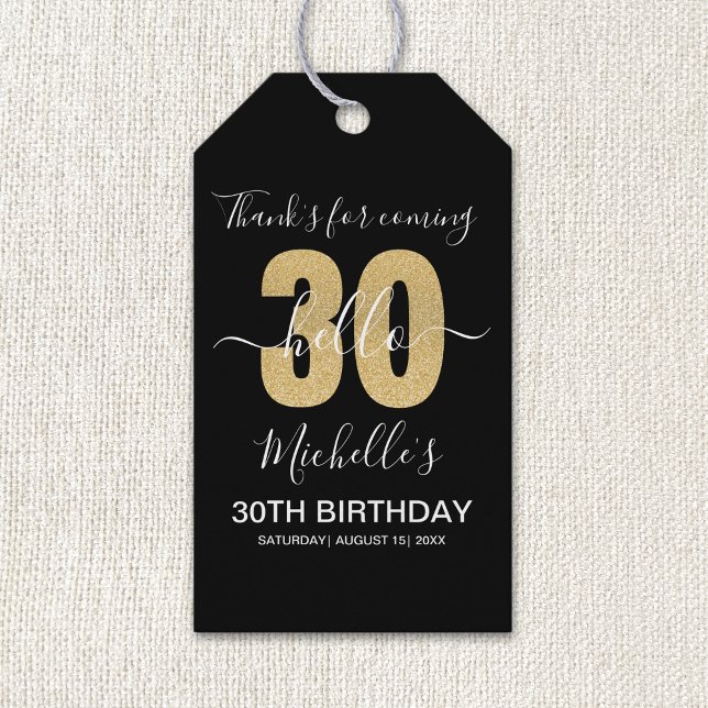 Hello 30! Funny 30th birthday with Golden glitter Presentetikett (Skapare uppladdad)