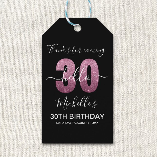 Hello 30! Funny 30th birthday with Pink glitter Presentetikett (Skapare uppladdad)