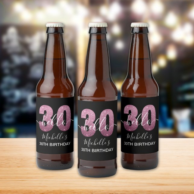 Hello 30! Modern 30th birthday Pink glitter Ölflaska Etikett (Skapare uppladdad)