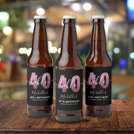 Hello 40! Elegant 40th birthday with Pink glitter Ölflaska Etikett