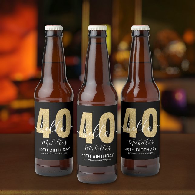 Hello 40! Modern 40th Birthday Chic Golden glitter Ölflaska Etikett (Skapare uppladdad)
