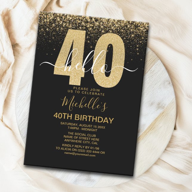 Hello 40! modern 40th birthday with gold glitter inbjudningar (Skapare uppladdad)