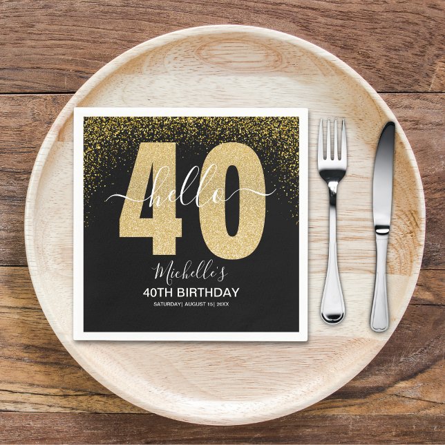 Hello 40! Modern 40th birthday with Golden glitter Pappersservett (Skapare uppladdad)