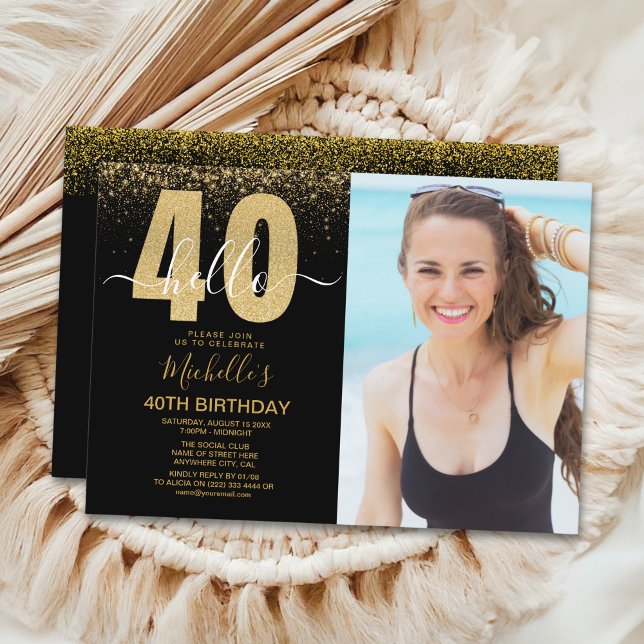 Hello 40 years - Golden glitter  with photo  Inbjudningar (Skapare uppladdad)