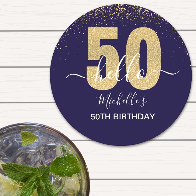 Hello 50! -50th Birthday with Gold Glitter Underlägg Papper Rund (Skapare uppladdad)