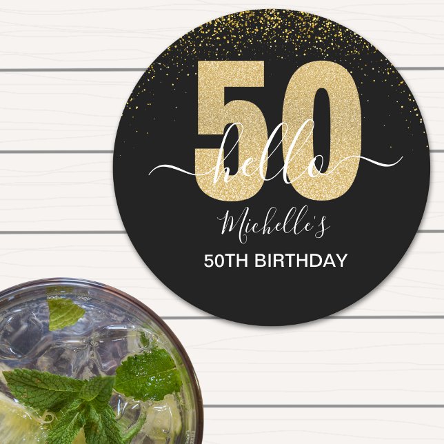 Hello 50! -50th Birthday with Gold Glitter Underlägg Papper Rund (Skapare uppladdad)