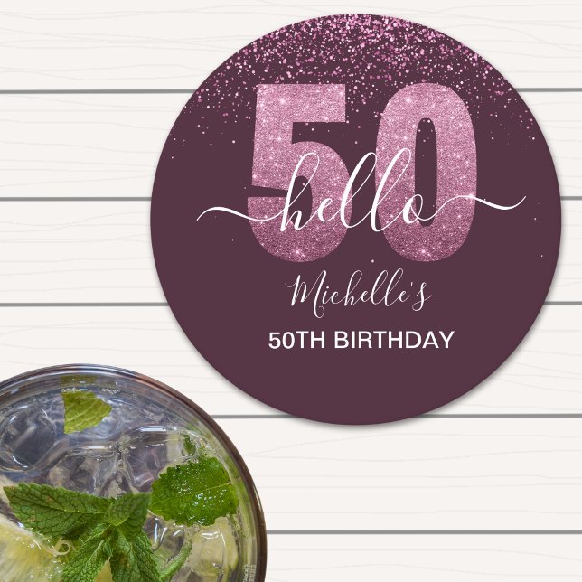 Hello 50! -50th Birthday with Pink glitter Underlägg Papper Rund (Skapare uppladdad)