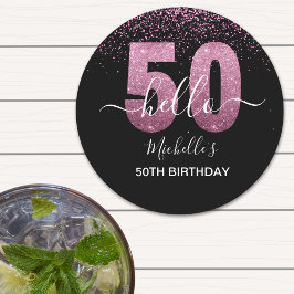 Hello 50! -50th Birthday with Pink glitter Underlägg Papper Rund