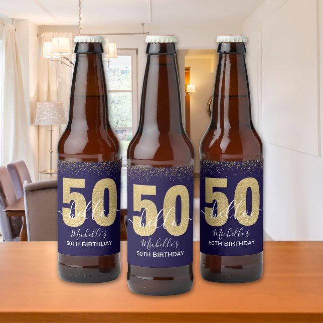 Hello 50! -Birthday - Elegant 50th Women's  Ölflaska Etikett (Skapare uppladdad)