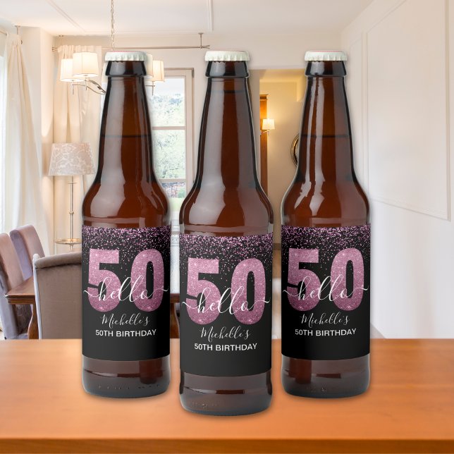 Hello 50! -Elegant Birthday 50th Women's  Ölflaska Etikett (Skapare uppladdad)