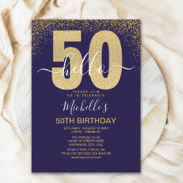 Hello 50! modern 50th birthday with gold glitter inbjudningar