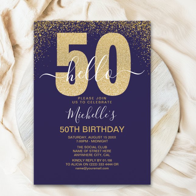 Hello 50! modern 50th birthday with gold glitter inbjudningar (Skapare uppladdad)