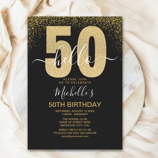 Hello 50! modern 50th birthday with gold glitter inbjudningar (Skapare uppladdad)