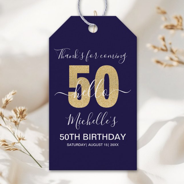 Hello 50! Modern 50th Birthday with Golden glitter Presentetikett (Skapare uppladdad)